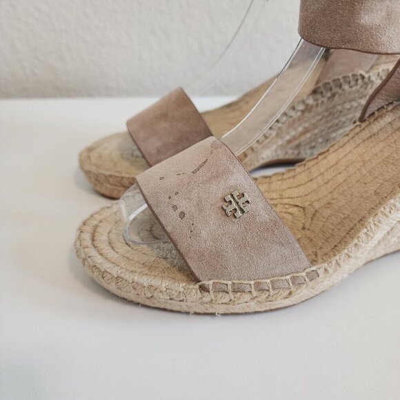 Tory Burch Bima 2 Tan Suede Wedge Jute Espadrille Ankle Strap Sandals Heels 8 - Picture 6 of 12